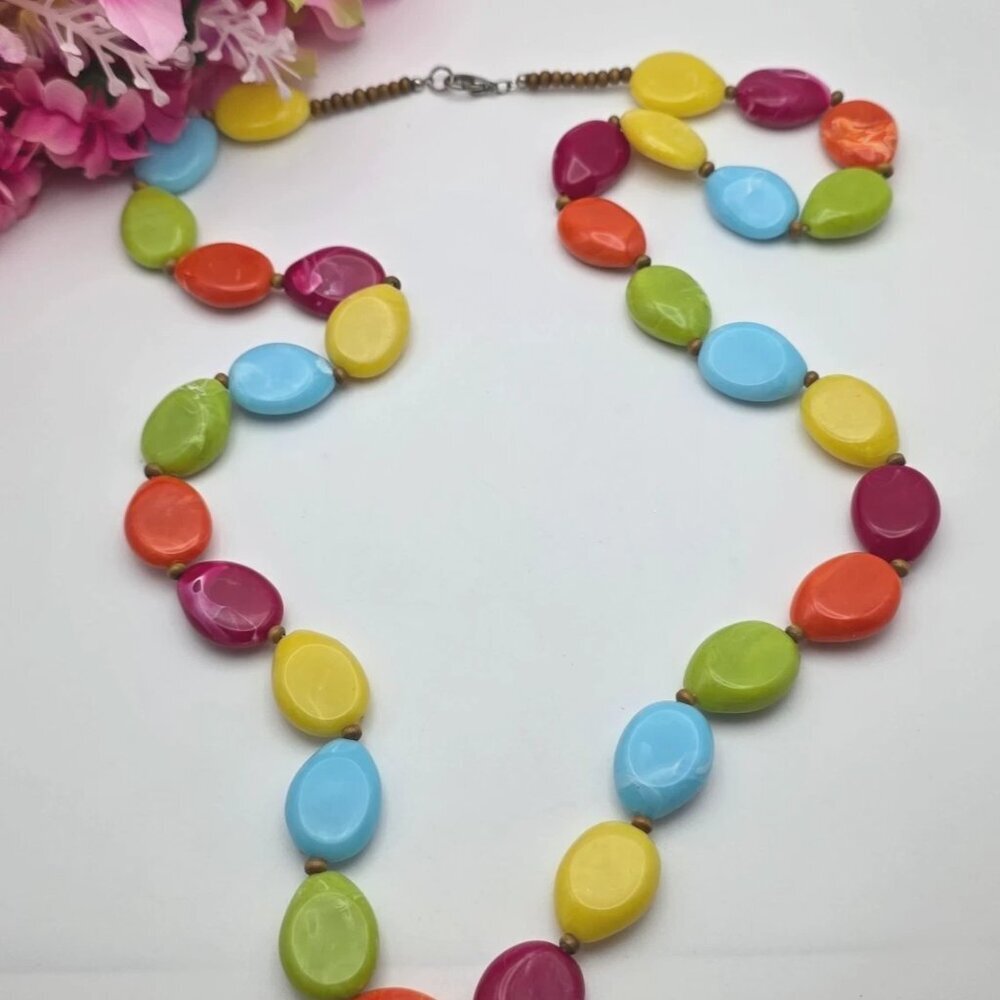 Vintage Lucite Necklace Colorful Marbled Oval Beads 36 In Fruit Salad Statement - Picture 8 of 8
